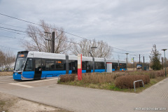 Straßenbahnhaltestelle mit Straßenbahn in Marienehe