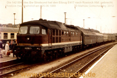 142 004 vom Bw Stralsund im Rostocker Hauptbahnhof, 25.06.1988